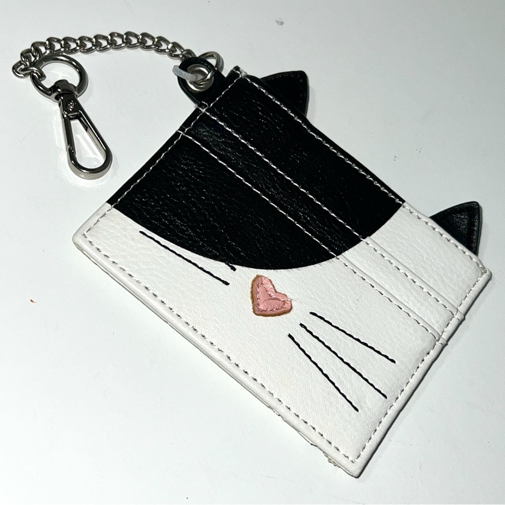 Steve Madden Cat Card Holder Keychain - Coin Wallet black & White with Pink Hear